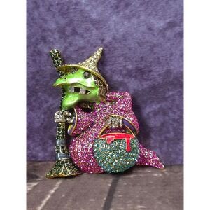 Whimsical Witch Brooch Halloween Costume Jewelry Rhinestone Enamel Pin